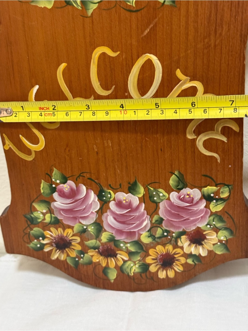Welcome Hand-Painted Wood Wall Sign - Floral Pink and Yellow - Picture 8 of 9